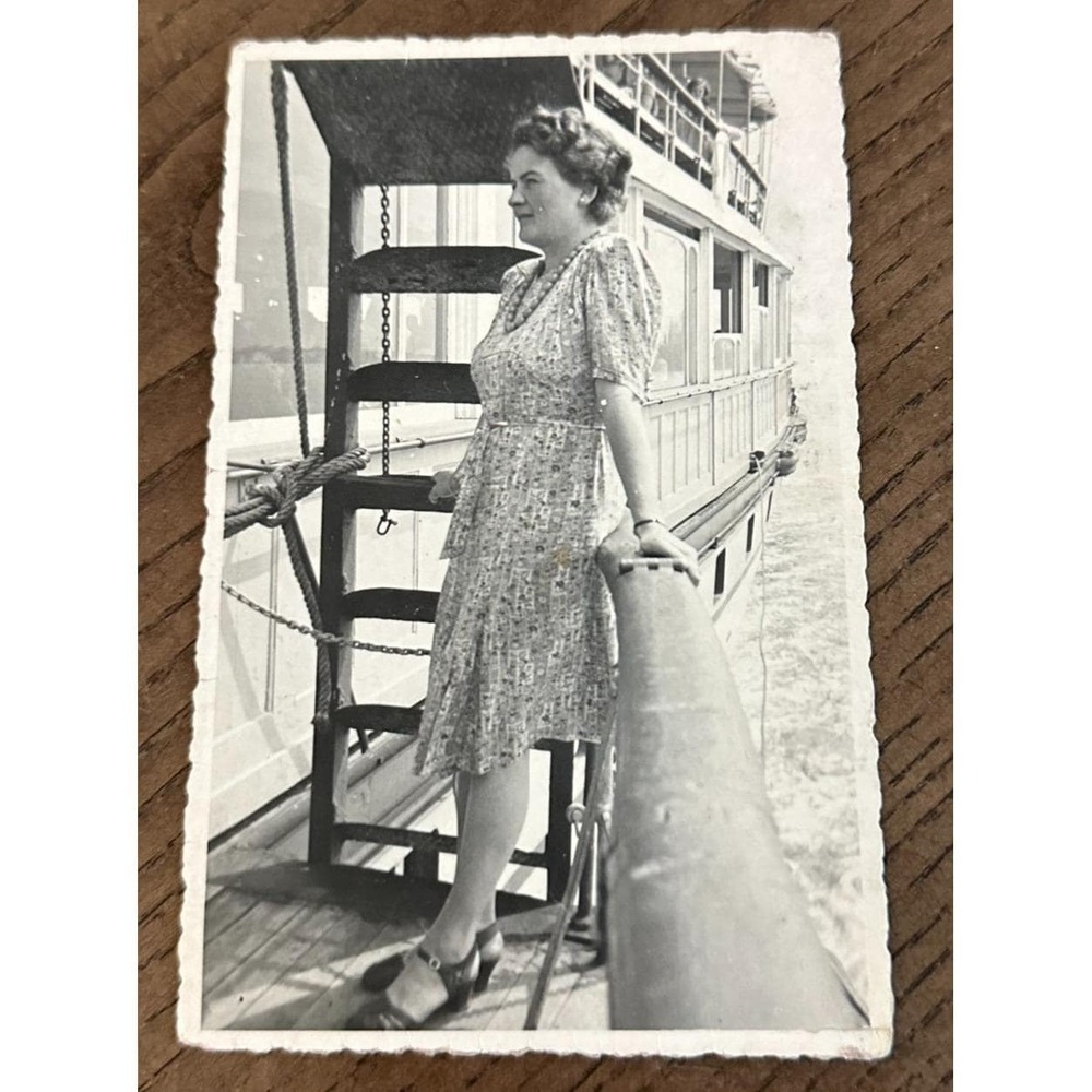 Woman On Boat‎ RPPC Photo Vintage Postcard Floral Short Dress